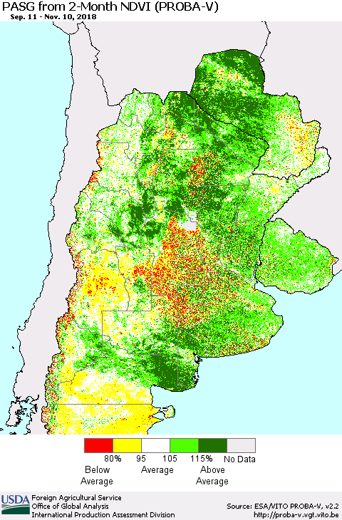 Southern South America PASG from 2-Month NDVI (PROBA-V) Thematic Map For 11/1/2018 - 11/10/2018