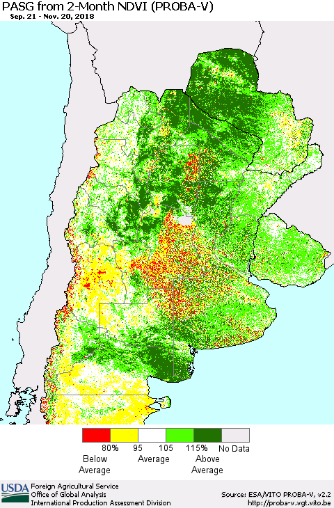 Southern South America PASG from 2-Month NDVI (PROBA-V) Thematic Map For 11/11/2018 - 11/20/2018