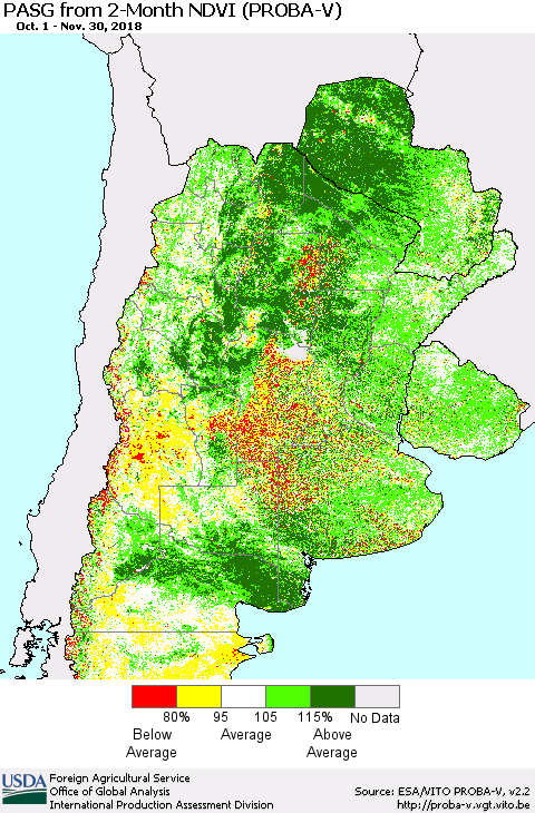 Southern South America PASG from 2-Month NDVI (PROBA-V) Thematic Map For 11/21/2018 - 11/30/2018