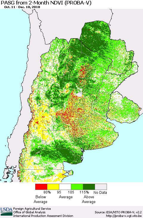 Southern South America PASG from 2-Month NDVI (PROBA-V) Thematic Map For 12/1/2018 - 12/10/2018