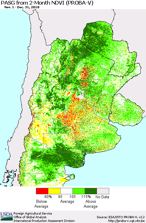 Southern South America PASG from 2-Month NDVI (PROBA-V) Thematic Map For 12/21/2018 - 12/31/2018