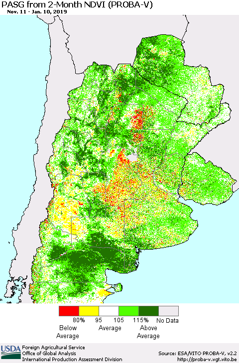 Southern South America PASG from 2-Month NDVI (PROBA-V) Thematic Map For 1/1/2019 - 1/10/2019