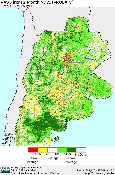 Southern South America PASG from 2-Month NDVI (PROBA-V) Thematic Map For 1/11/2019 - 1/20/2019