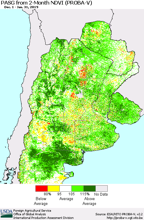Southern South America PASG from 2-Month NDVI (PROBA-V) Thematic Map For 1/21/2019 - 1/31/2019
