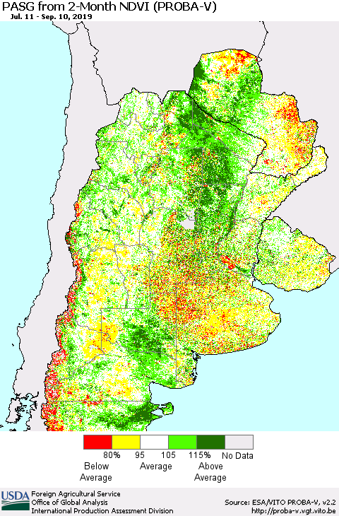 Southern South America PASG from 2-Month NDVI (PROBA-V) Thematic Map For 9/1/2019 - 9/10/2019