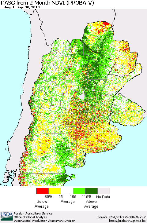 Southern South America PASG from 2-Month NDVI (PROBA-V) Thematic Map For 9/21/2019 - 9/30/2019