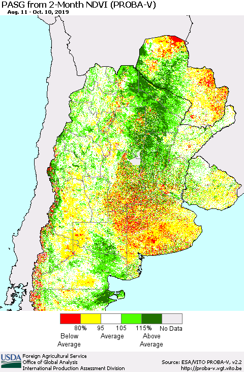 Southern South America PASG from 2-Month NDVI (PROBA-V) Thematic Map For 10/1/2019 - 10/10/2019