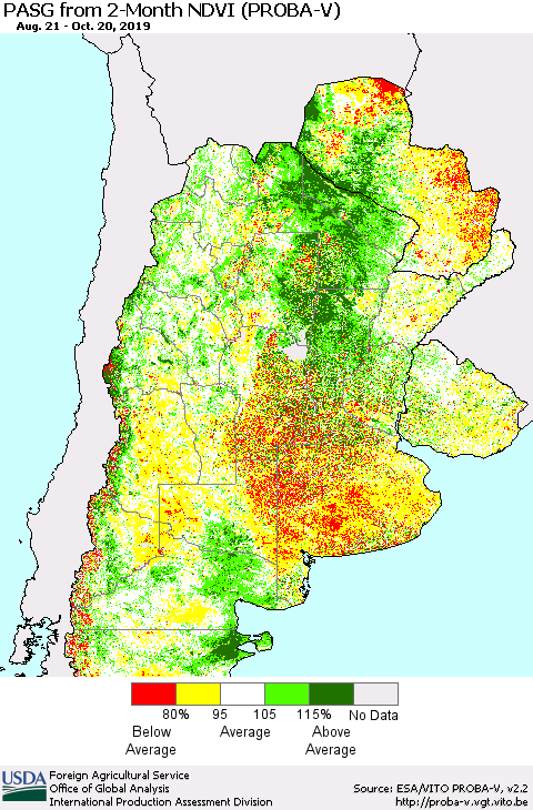 Southern South America PASG from 2-Month NDVI (PROBA-V) Thematic Map For 10/11/2019 - 10/20/2019