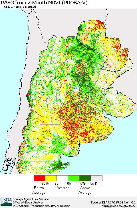 Southern South America PASG from 2-Month NDVI (PROBA-V) Thematic Map For 10/21/2019 - 10/31/2019