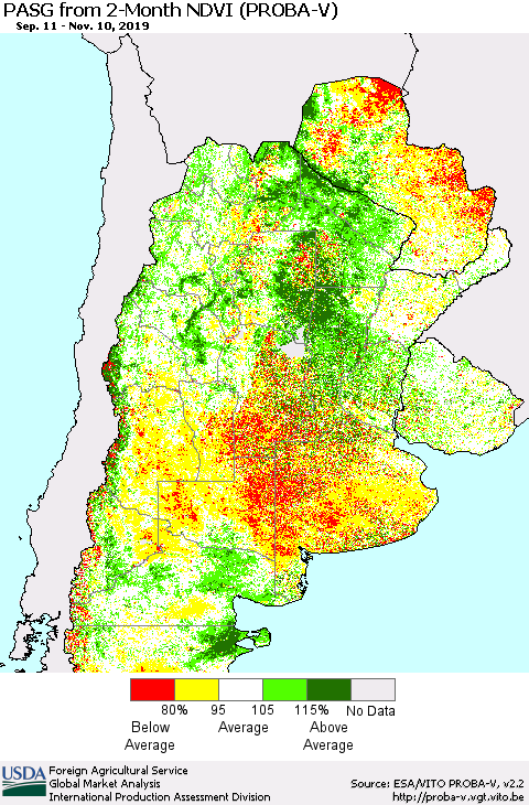 Southern South America PASG from 2-Month NDVI (PROBA-V) Thematic Map For 11/1/2019 - 11/10/2019