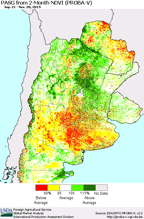Southern South America PASG from 2-Month NDVI (PROBA-V) Thematic Map For 11/11/2019 - 11/20/2019