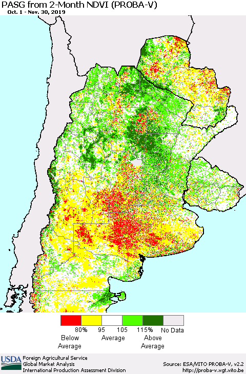 Southern South America PASG from 2-Month NDVI (PROBA-V) Thematic Map For 11/21/2019 - 11/30/2019