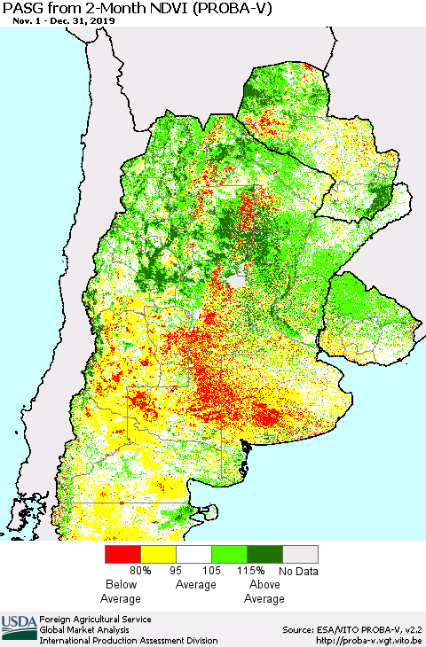 Southern South America PASG from 2-Month NDVI (PROBA-V) Thematic Map For 12/21/2019 - 12/31/2019