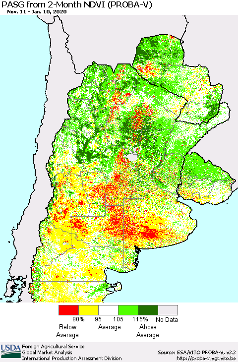 Southern South America PASG from 2-Month NDVI (PROBA-V) Thematic Map For 1/1/2020 - 1/10/2020