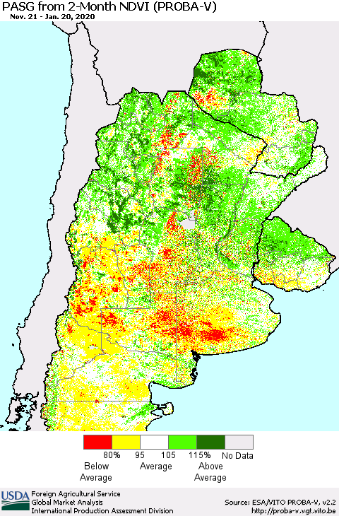 Southern South America PASG from 2-Month NDVI (PROBA-V) Thematic Map For 1/11/2020 - 1/20/2020