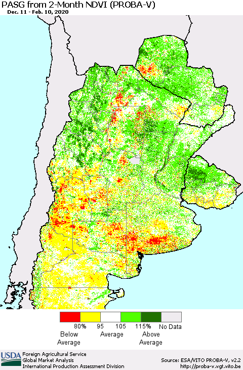 Southern South America PASG from 2-Month NDVI (PROBA-V) Thematic Map For 2/1/2020 - 2/10/2020