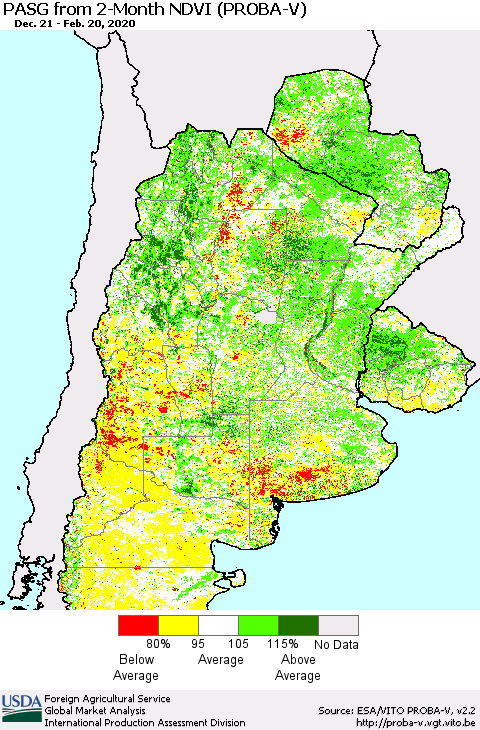 Southern South America PASG from 2-Month NDVI (PROBA-V) Thematic Map For 2/11/2020 - 2/20/2020