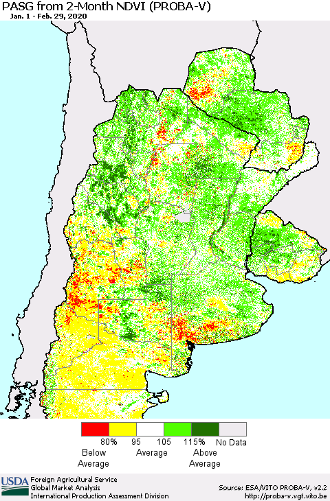 Southern South America PASG from 2-Month NDVI (PROBA-V) Thematic Map For 2/21/2020 - 2/29/2020