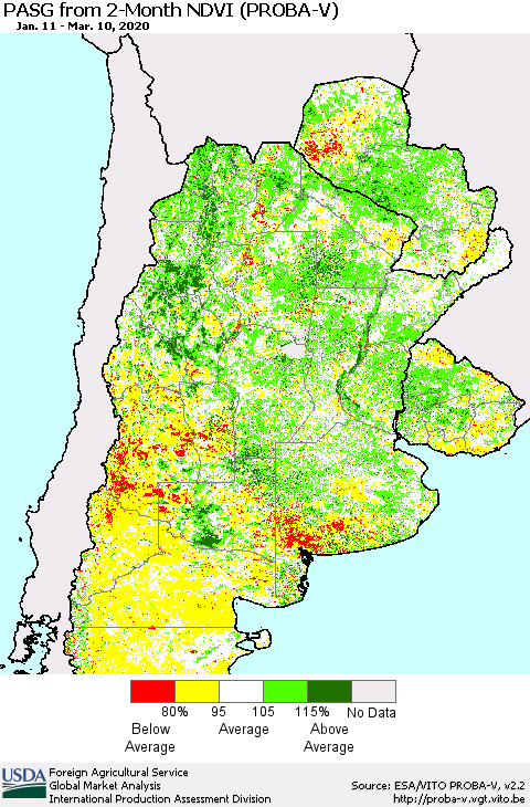 Southern South America PASG from 2-Month NDVI (PROBA-V) Thematic Map For 3/1/2020 - 3/10/2020