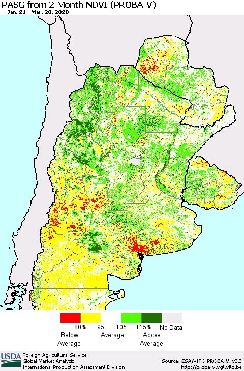 Southern South America PASG from 2-Month NDVI (PROBA-V) Thematic Map For 3/11/2020 - 3/20/2020