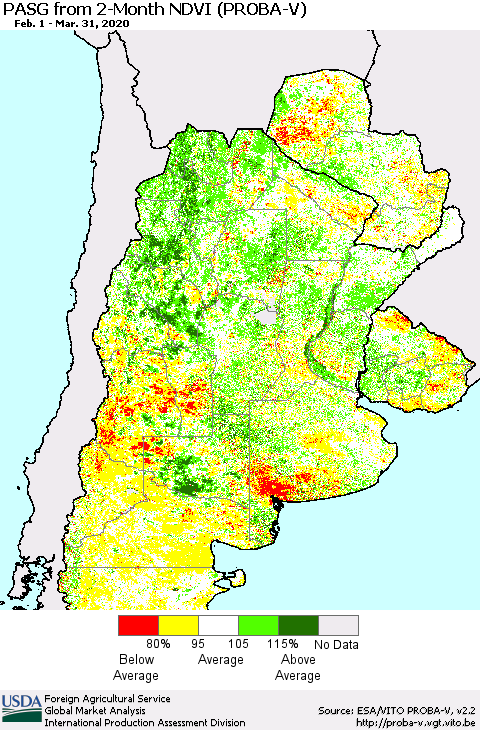 Southern South America PASG from 2-Month NDVI (PROBA-V) Thematic Map For 3/21/2020 - 3/31/2020