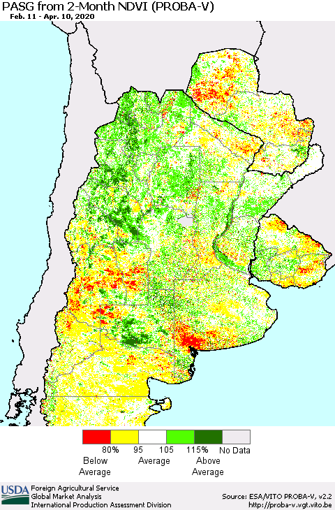 Southern South America PASG from 2-Month NDVI (PROBA-V) Thematic Map For 4/1/2020 - 4/10/2020