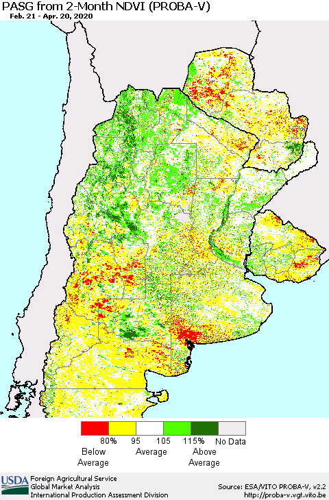 Southern South America PASG from 2-Month NDVI (PROBA-V) Thematic Map For 4/11/2020 - 4/20/2020