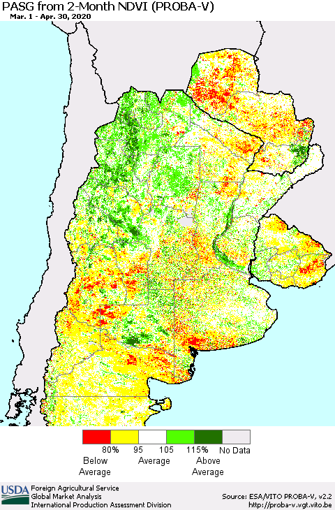 Southern South America PASG from 2-Month NDVI (PROBA-V) Thematic Map For 4/21/2020 - 4/30/2020