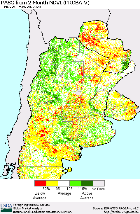 Southern South America PASG from 2-Month NDVI (PROBA-V) Thematic Map For 5/11/2020 - 5/20/2020