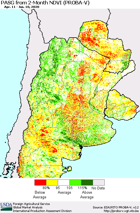 Southern South America PASG from 2-Month NDVI (PROBA-V) Thematic Map For 6/1/2020 - 6/10/2020
