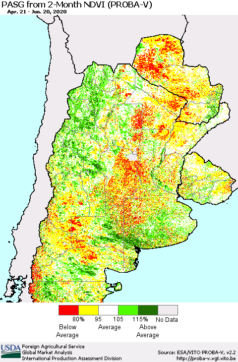 Southern South America PASG from 2-Month NDVI (PROBA-V) Thematic Map For 6/11/2020 - 6/20/2020