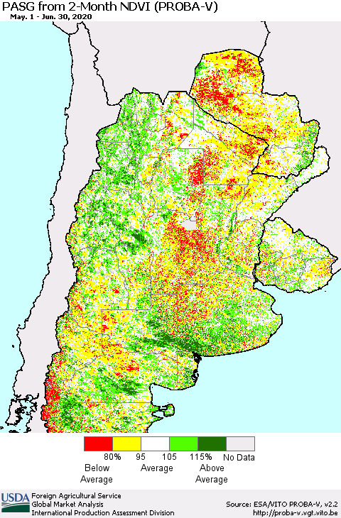 Southern South America PASG from 2-Month NDVI (PROBA-V) Thematic Map For 6/21/2020 - 6/30/2020