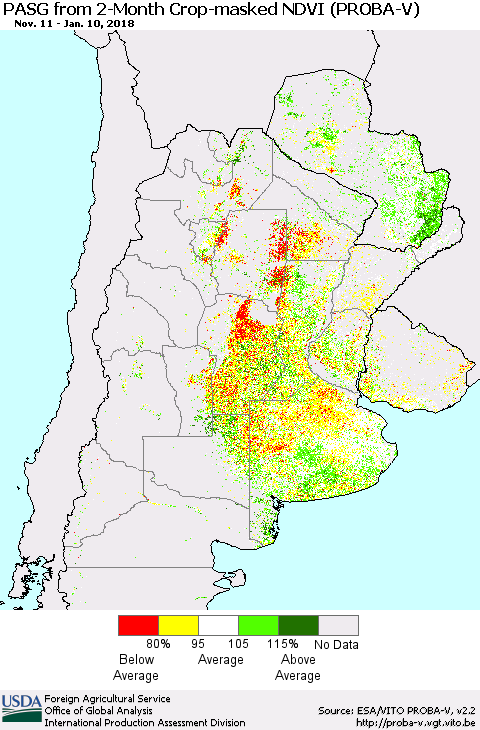 Southern South America PASG from 2-Month Crop-masked NDVI (PROBA-V) Thematic Map For 1/1/2018 - 1/10/2018