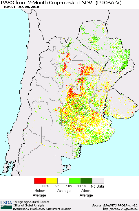 Southern South America PASG from 2-Month Crop-masked NDVI (PROBA-V) Thematic Map For 1/11/2018 - 1/20/2018