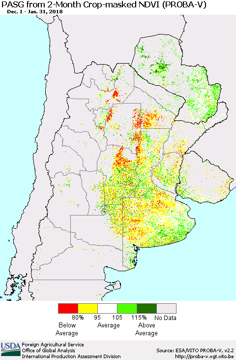 Southern South America PASG from 2-Month Crop-masked NDVI (PROBA-V) Thematic Map For 1/21/2018 - 1/31/2018