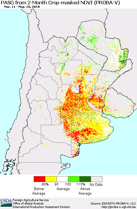 Southern South America PASG from 2-Month Crop-masked NDVI (PROBA-V) Thematic Map For 5/1/2018 - 5/10/2018