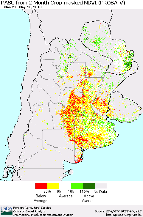 Southern South America PASG from 2-Month Crop-masked NDVI (PROBA-V) Thematic Map For 5/11/2018 - 5/20/2018