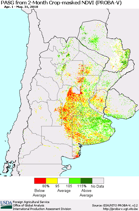 Southern South America PASG from 2-Month Crop-masked NDVI (PROBA-V) Thematic Map For 5/21/2018 - 5/31/2018