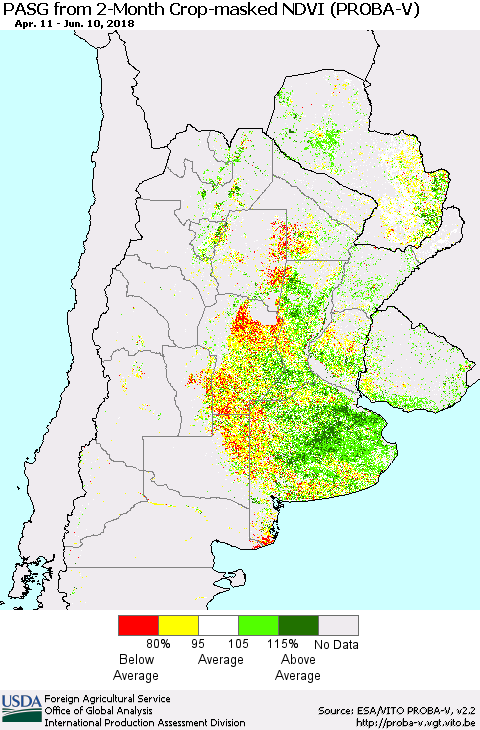 Southern South America PASG from 2-Month Crop-masked NDVI (PROBA-V) Thematic Map For 6/1/2018 - 6/10/2018