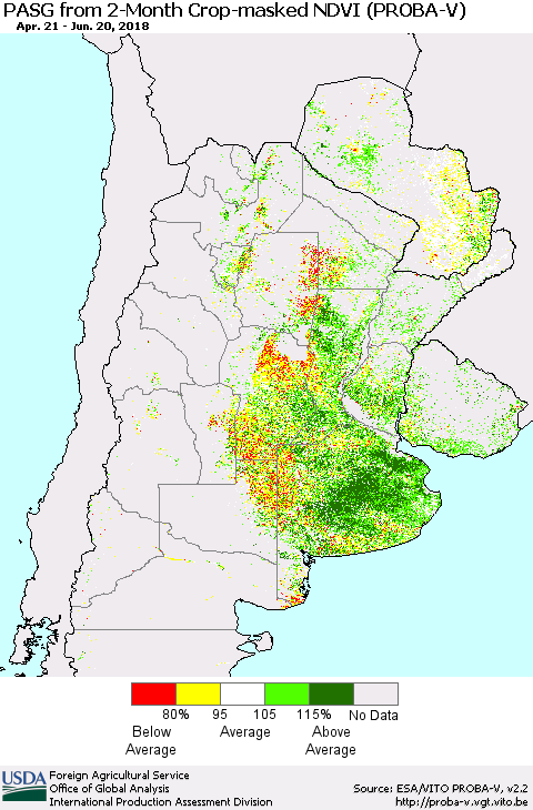 Southern South America PASG from 2-Month Crop-masked NDVI (PROBA-V) Thematic Map For 6/11/2018 - 6/20/2018