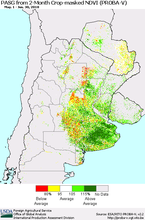 Southern South America PASG from 2-Month Crop-masked NDVI (PROBA-V) Thematic Map For 6/21/2018 - 6/30/2018