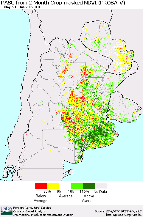 Southern South America PASG from 2-Month Crop-masked NDVI (PROBA-V) Thematic Map For 7/11/2018 - 7/20/2018