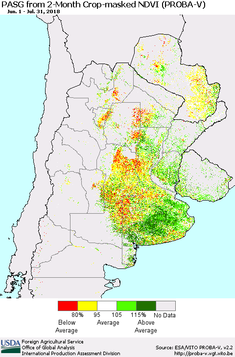 Southern South America PASG from 2-Month Crop-masked NDVI (PROBA-V) Thematic Map For 7/21/2018 - 7/31/2018