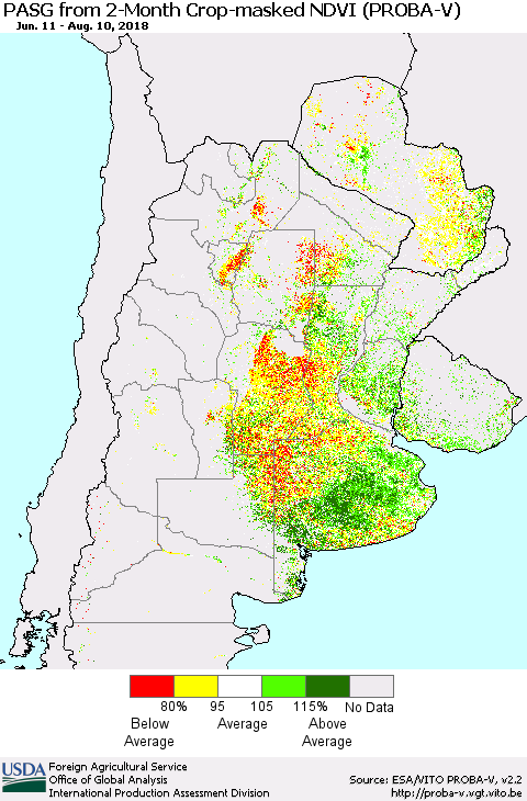 Southern South America PASG from 2-Month Crop-masked NDVI (PROBA-V) Thematic Map For 8/1/2018 - 8/10/2018