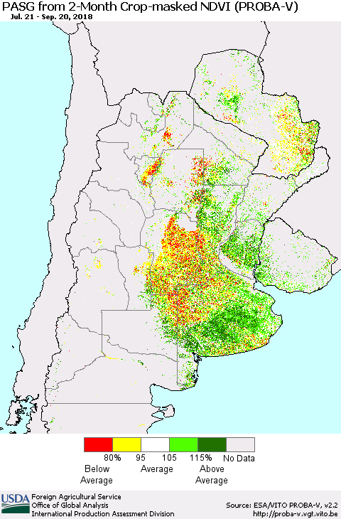 Southern South America PASG from 2-Month Crop-masked NDVI (PROBA-V) Thematic Map For 9/11/2018 - 9/20/2018
