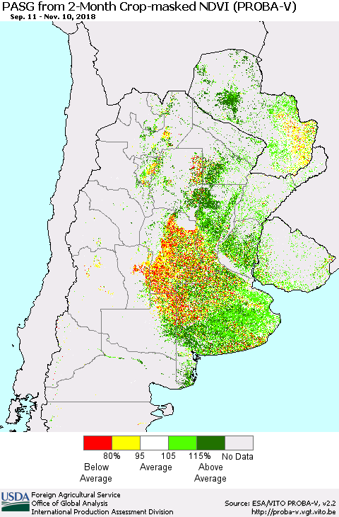 Southern South America PASG from 2-Month Crop-masked NDVI (PROBA-V) Thematic Map For 11/1/2018 - 11/10/2018