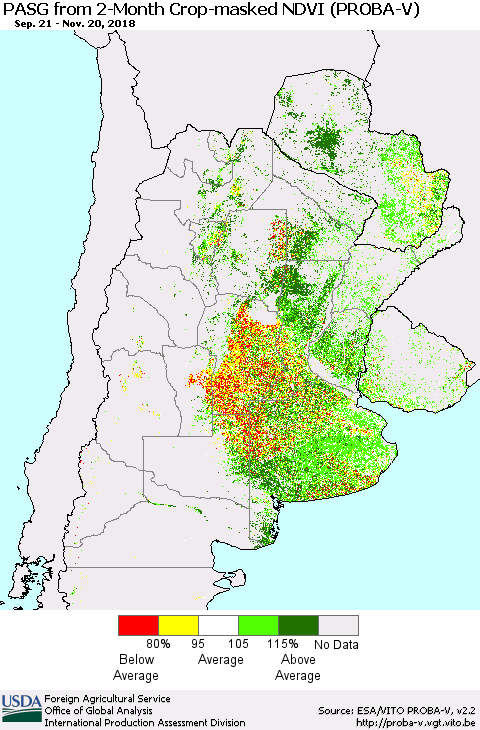 Southern South America PASG from 2-Month Crop-masked NDVI (PROBA-V) Thematic Map For 11/11/2018 - 11/20/2018