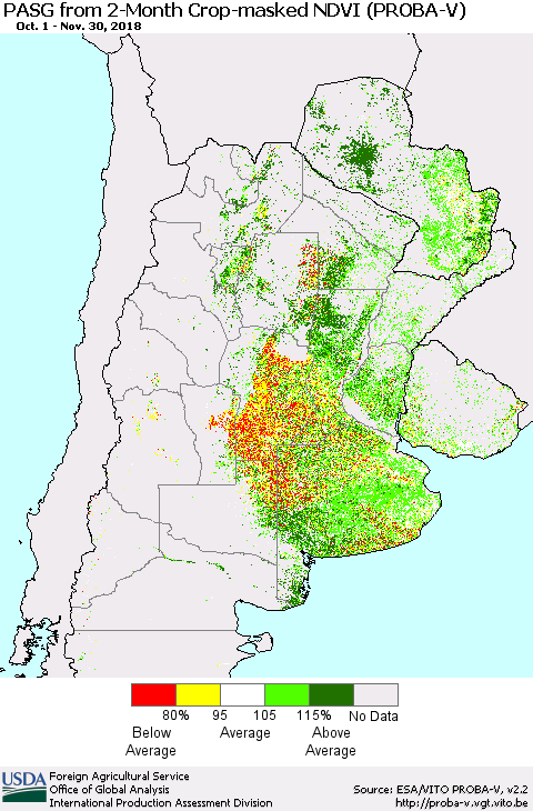 Southern South America PASG from 2-Month Crop-masked NDVI (PROBA-V) Thematic Map For 11/21/2018 - 11/30/2018