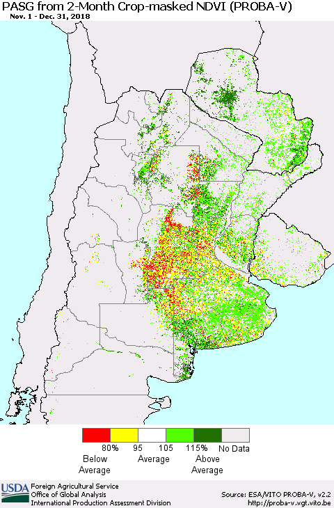 Southern South America PASG from 2-Month Crop-masked NDVI (PROBA-V) Thematic Map For 12/21/2018 - 12/31/2018