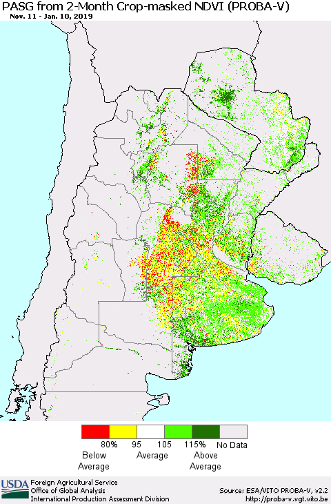 Southern South America PASG from 2-Month Crop-masked NDVI (PROBA-V) Thematic Map For 1/1/2019 - 1/10/2019